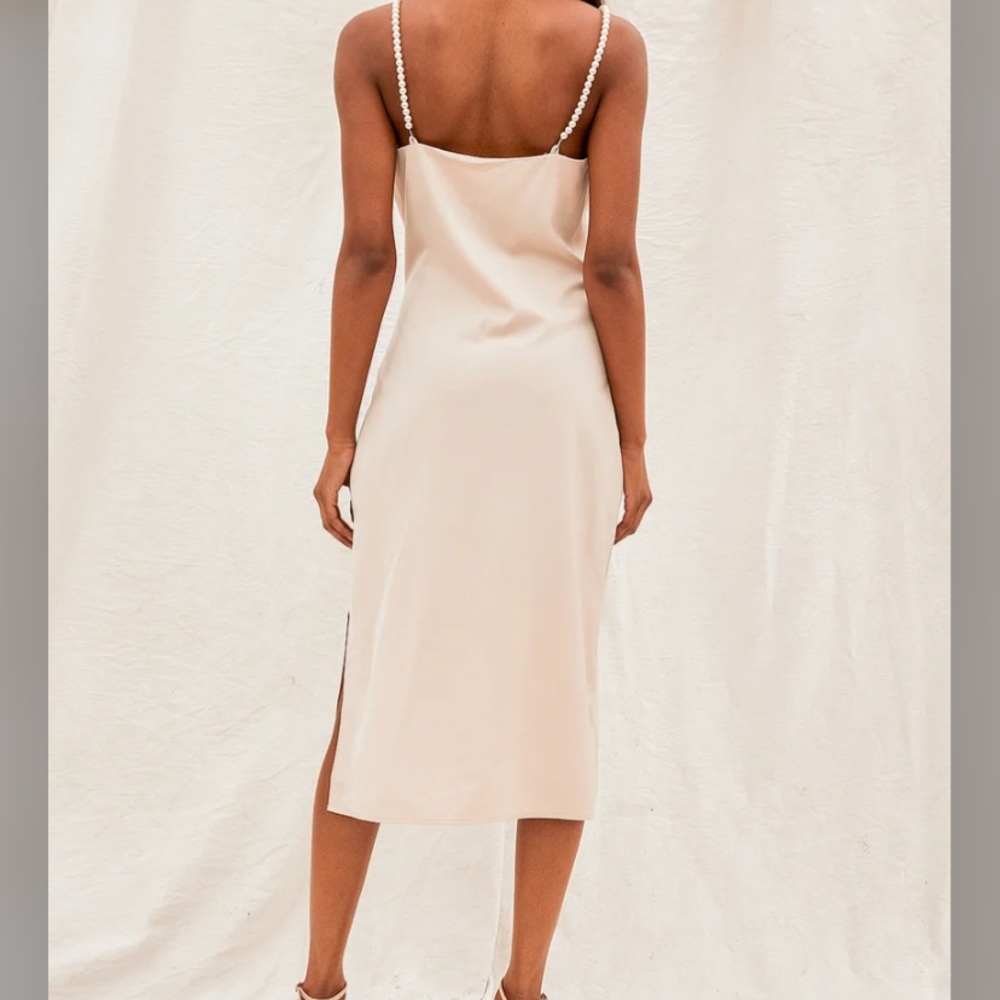 That's Hot Beige Satin Pearl Strap Midi Slip Dress